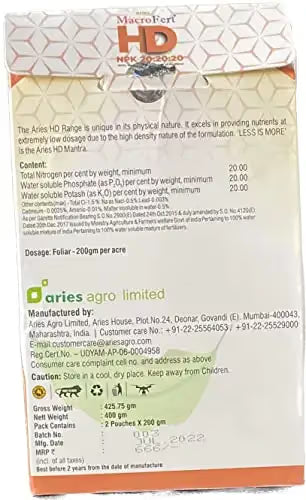 Aries Macrofert HD NPK 20:20:20 Highly Efficient at Lower Dosages, Multi-Purpose Fertilizer Can be Used In All Crops, Vegetables, Kitchen Gardens, etc