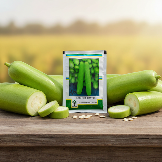 Seeds packet of F1 Hybrid Bottle Gourd with green bottle gourds on a white background